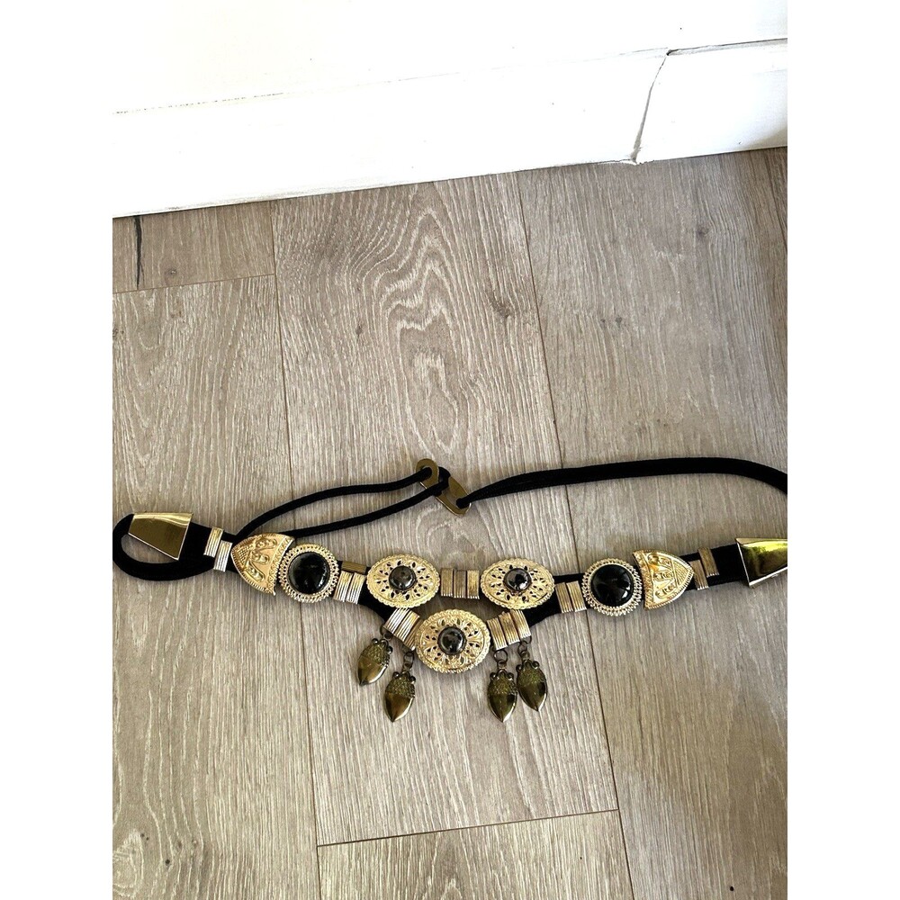 Boho Statement Belt Gold Metallic Concho Medallion Festival One Size Acorn Charm - Picture 2 of 8